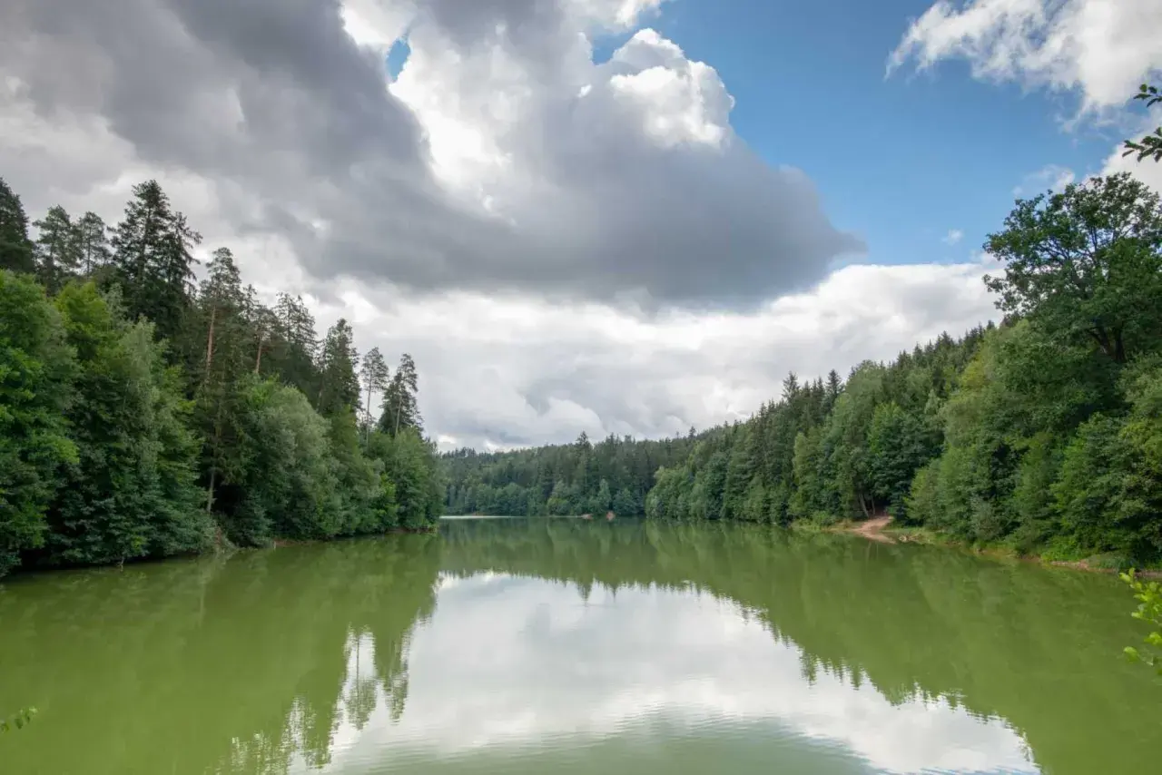 Idyllischer Herrenbachstausee, perfekt zum Angeln. Grüne Wälder spiegeln sich im ruhigen Wasser unter dramatischen Wolken.