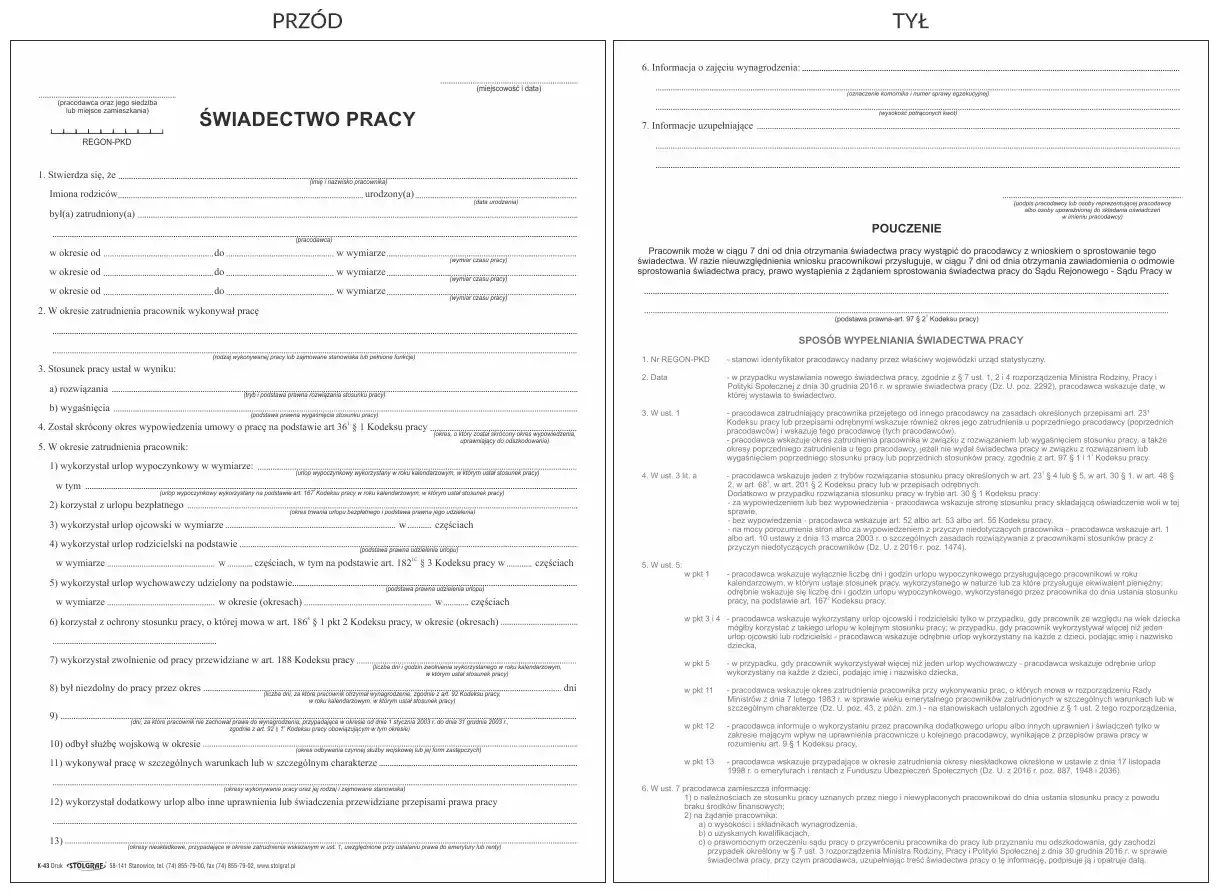 Świadectwo pracy: koniec umowy na okres próbny i co dalej. Dokument zawiera dane pracownika, okres zatrudnienia, powód ustania stosunku pracy i informacje o urlopach.