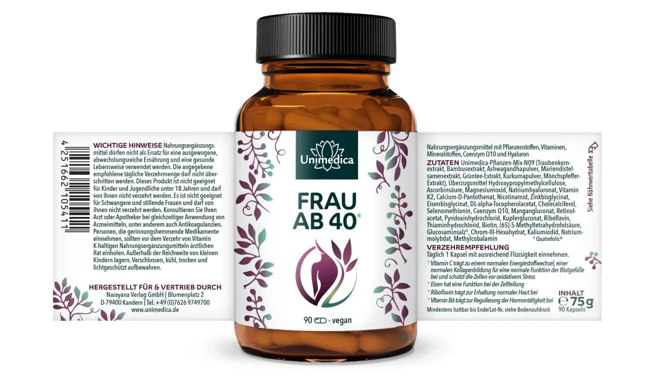 Unimedica Frau ab 40 Kapseln mit Coenzym Q10, das die Wirkung auf die Psyche unterstützen kann. 90 vegane Kapseln.