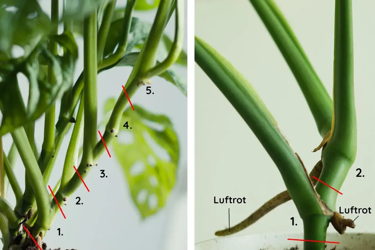 Detaljerad bild som visar hur man tar en monstera stickling. Röda linjer markerar var man ska klippa.