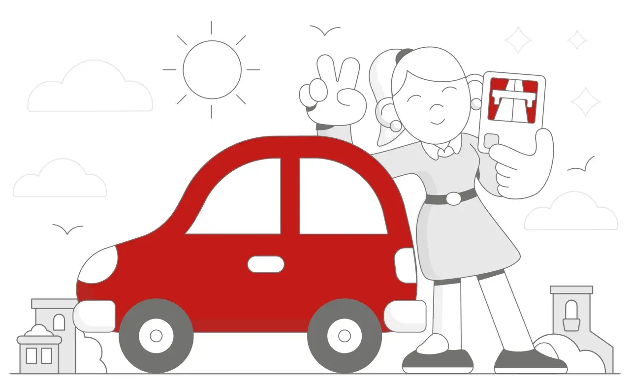 Dziewczyna z v-sign obok czerwonego samochodu trzyma kartę z autostradą. Gotowa na podróż samochodem do Czech!