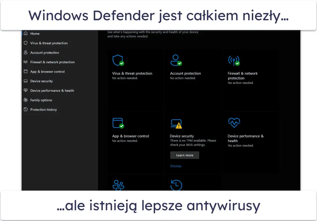 Ekran główny Windows Defender, pokazujący ochronę przed wirusami, kontem, zaporę sieciową i inne opcje. Wszystko działa bez zarzutu.