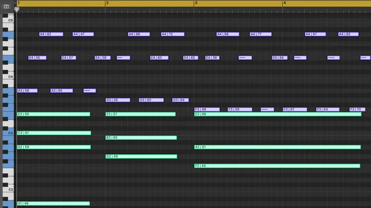 Noten auf einem Piano-Roll-Editor, der eine musikalische Komposition zeigt.