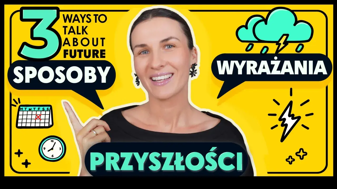 3 sposoby na wyrażanie przyszłości po angielsku. Kalendarz, zegar i błyskawica symbolizują naukę future forms.