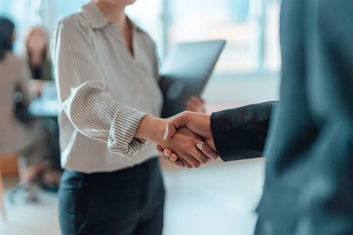 Una stretta di mano che sigilla un accordo, un momento di connessione e attrazione professionale in un ambiente d'ufficio.