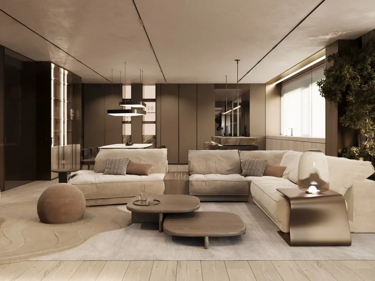 Przytulny salon w stylu quiet luxury, z beżową sofą, drewnianymi stolikami i subtelnym oświetleniem.