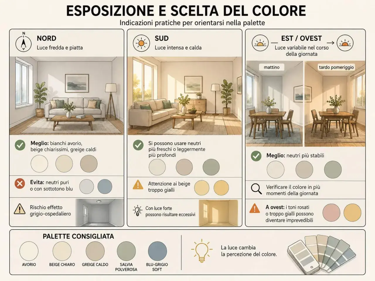 Guida ai tipi di pittura per interni: esposizione e scelta del colore in base alla luce. Consigli per ogni orientamento.