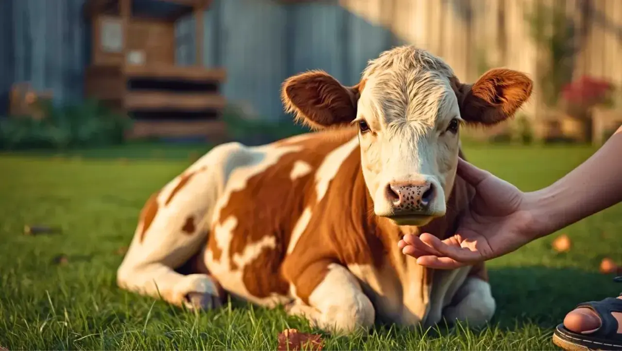 Une vache miniature d'élevage, au pelage brun et blanc, se repose sur l'herbe. Une main caresse doucement sa tête.