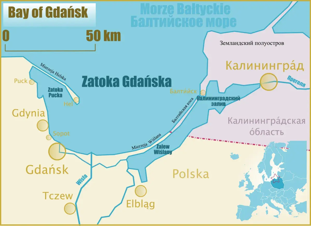 Mapa przedstawia zatokę gdańską, z zaznaczonymi miastami jak Gdynia, Sopot, Gdańsk, Tczew, Elbląg, oraz Półwysep Helski.