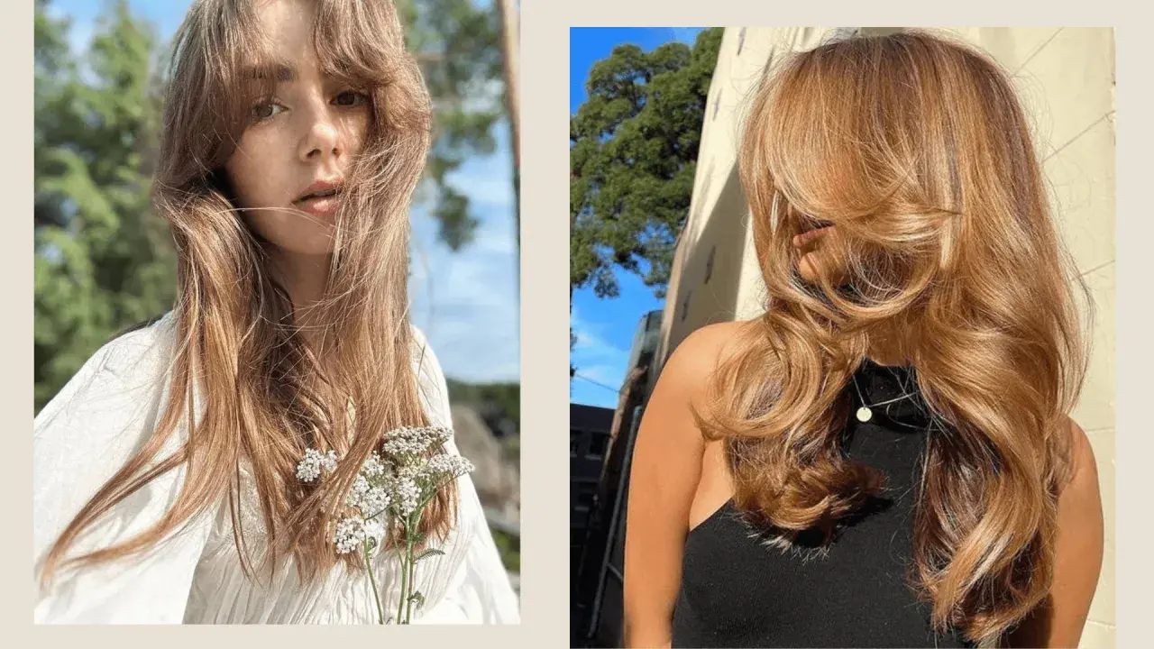 Dos estilos de cabello con flequillo mariposa, uno con un look natural y otro con ondas voluminosas.