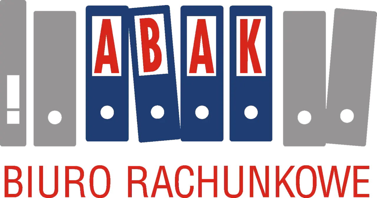 Logo z czterema segregatorami, na których widnieją litery "A", "B", "A", "K". Poniżej napis "BIURO RACHUNKOWE".