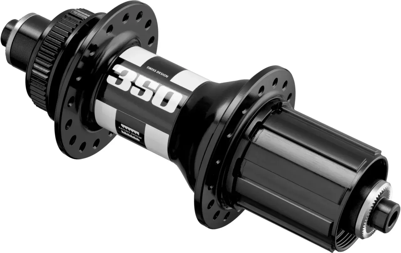 A black DT 350 hub with white stripes and "350 SWISS DESIGN" branding. It features a ratchet system for smooth engagement.