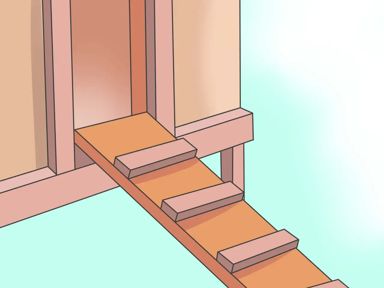 Detalle de una rampa con peldaños para un gallinero. Paso a paso, como hacer un gallinero seguro y funcional para tus aves.