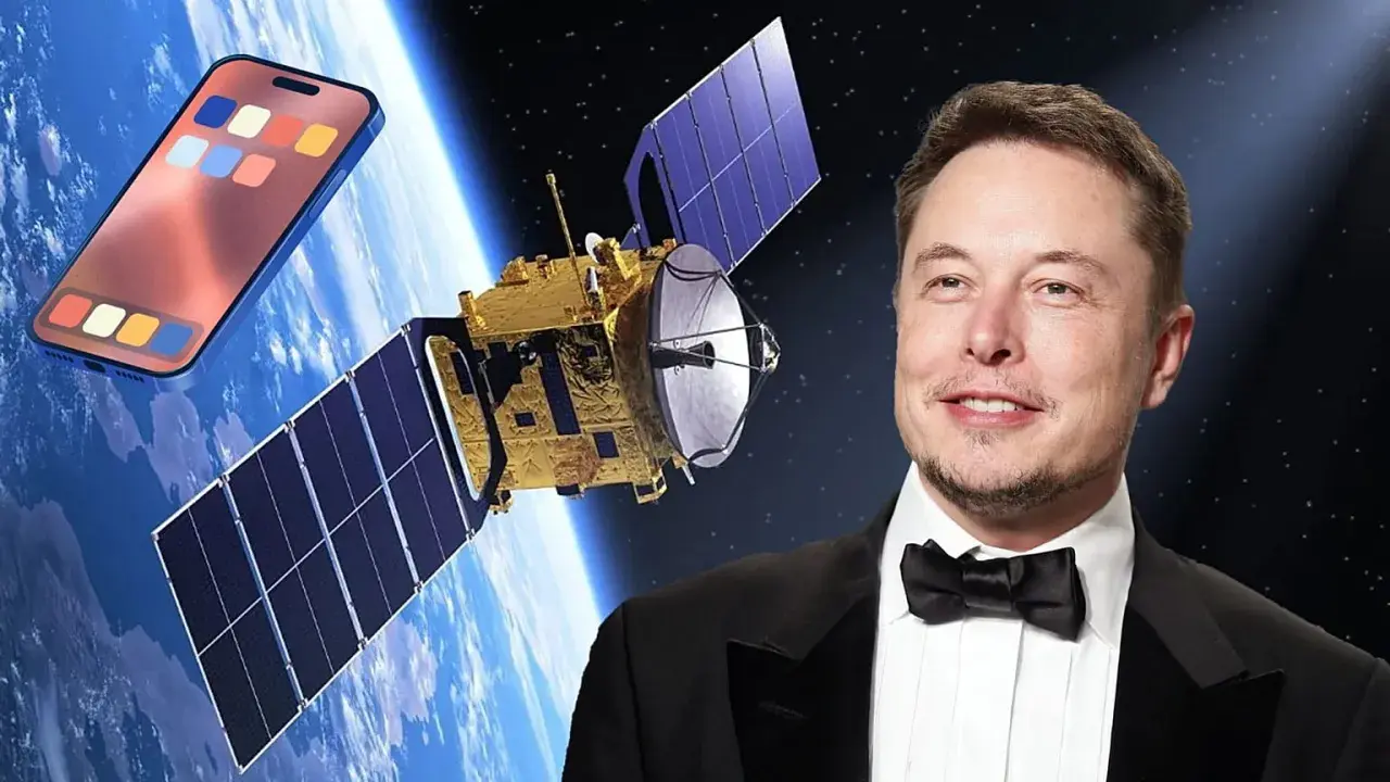 Elon Musk w garniturze i muszce obok satelity Starlink i telefonu z ikonami aplikacji, symbolizujące przyszłość komunikacji.