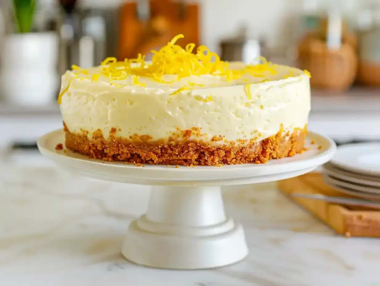 En krämig citron cheesecake med krispig botten, toppad med rivet citronskal. Perfekt för en somrig fika.
