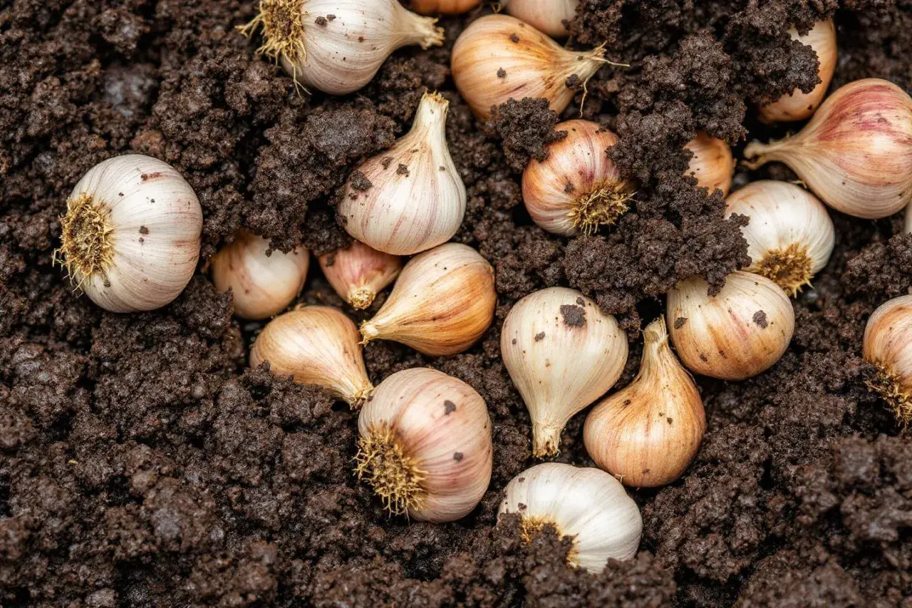 Des gousses d'ail prêtes à planter dans la terre sombre. L'ail est une plante aromatique facile à cultiver.