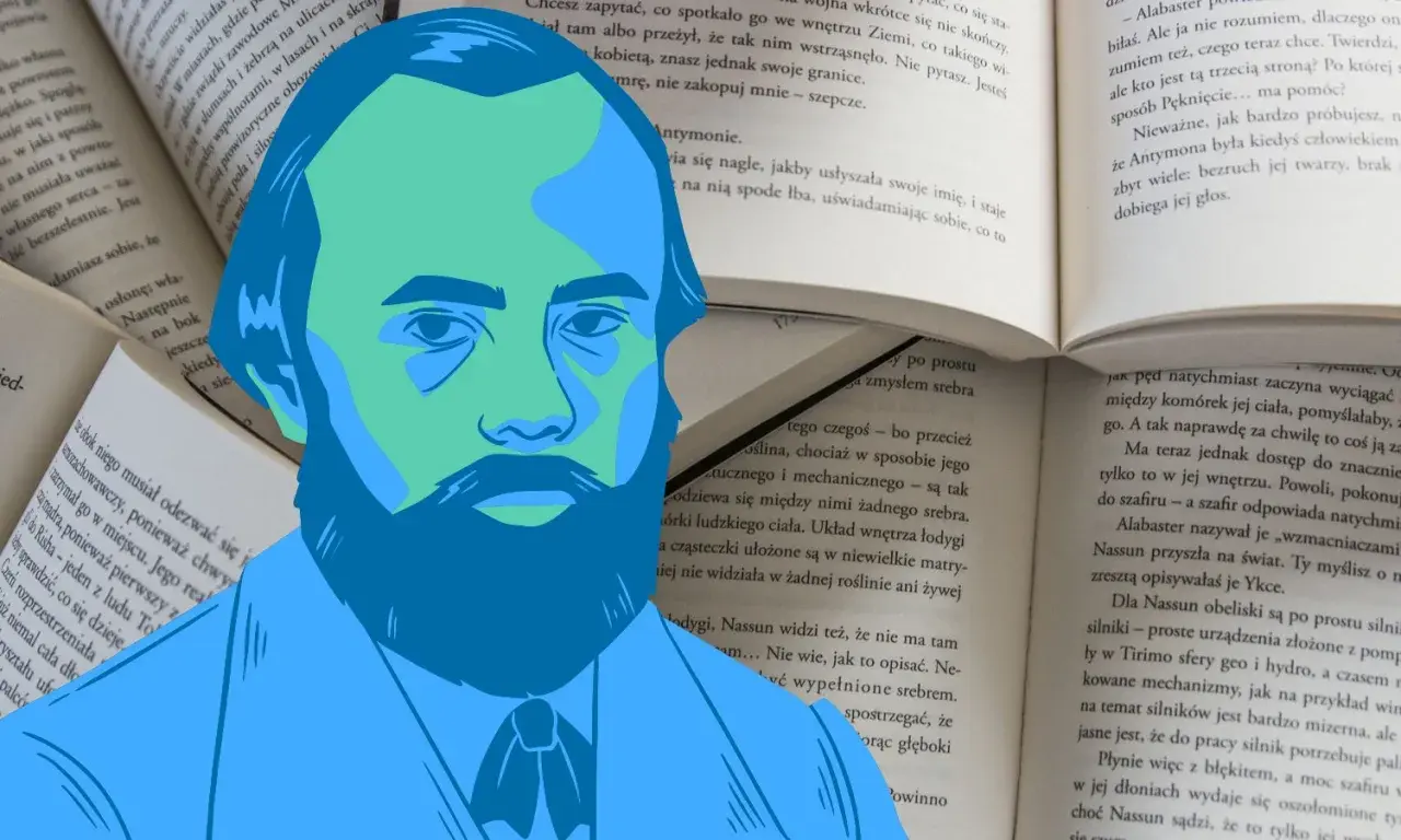 Stylizowany portret Fiodora Dostojewskiego na tle otwartej książki. Fiodor Dostojewski biografia.