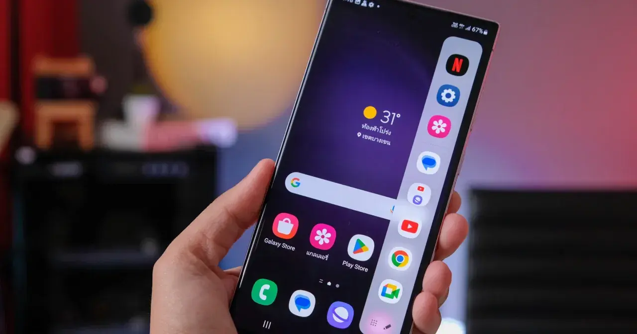 Dłoń trzyma smartfon Samsung S20 FE. Ekran pokazuje ikonki aplikacji i pogodę. Bateria szybko się rozładowuje, co widać po wskaźniku 67%.