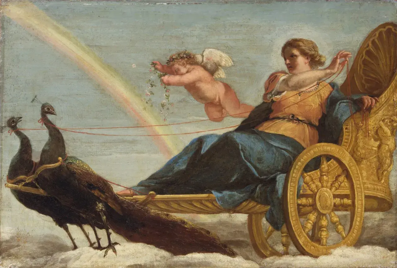 Hera gudinna i sin gyllene vagn dragen av påfåglar, med en putto som kastar blommor.