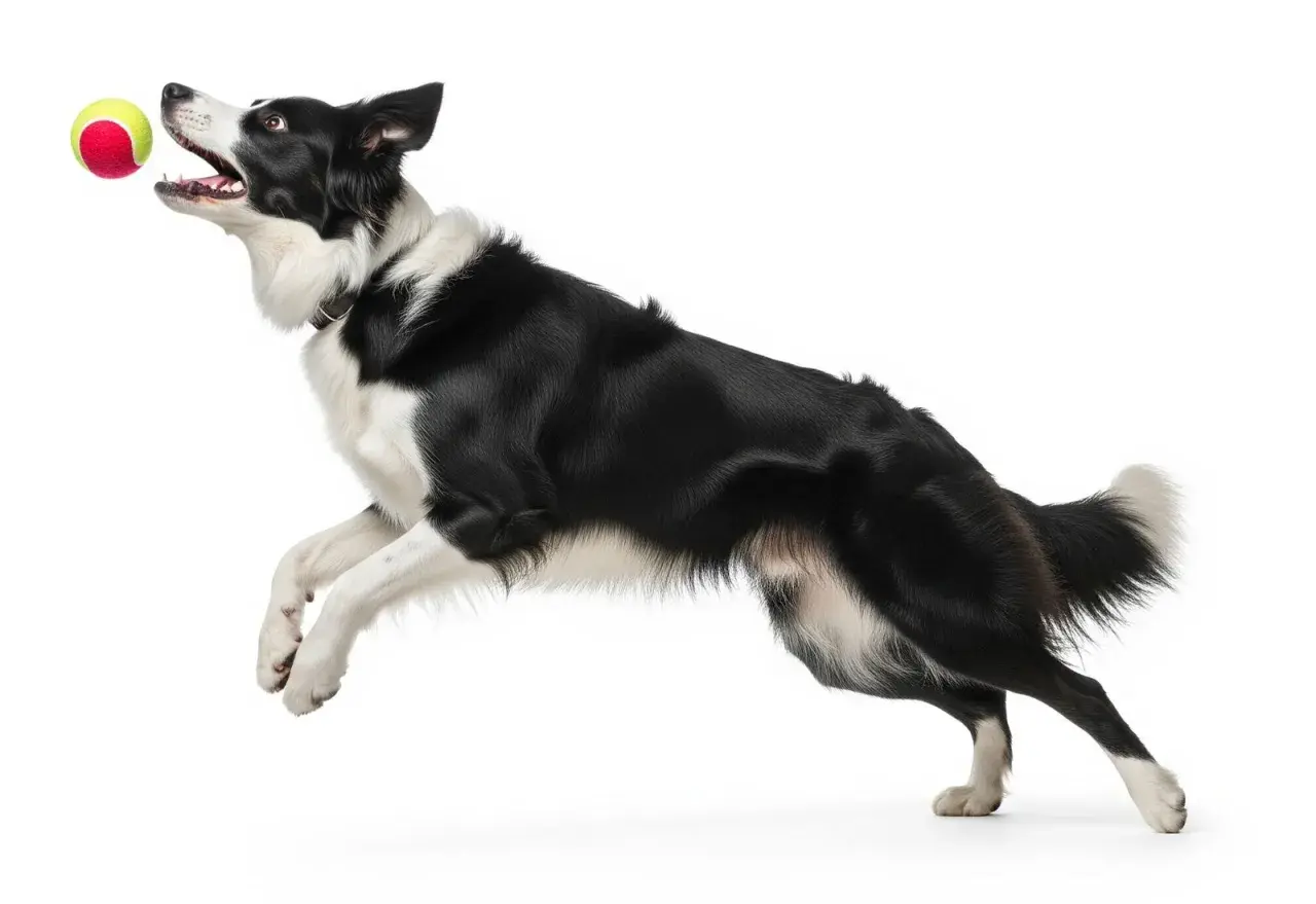 Czarny pies rasy border collie skacze po piłkę. Jego pysk jest otwarty, a oczy skupione na celu. To prawdziwy **cestal** w akcji!