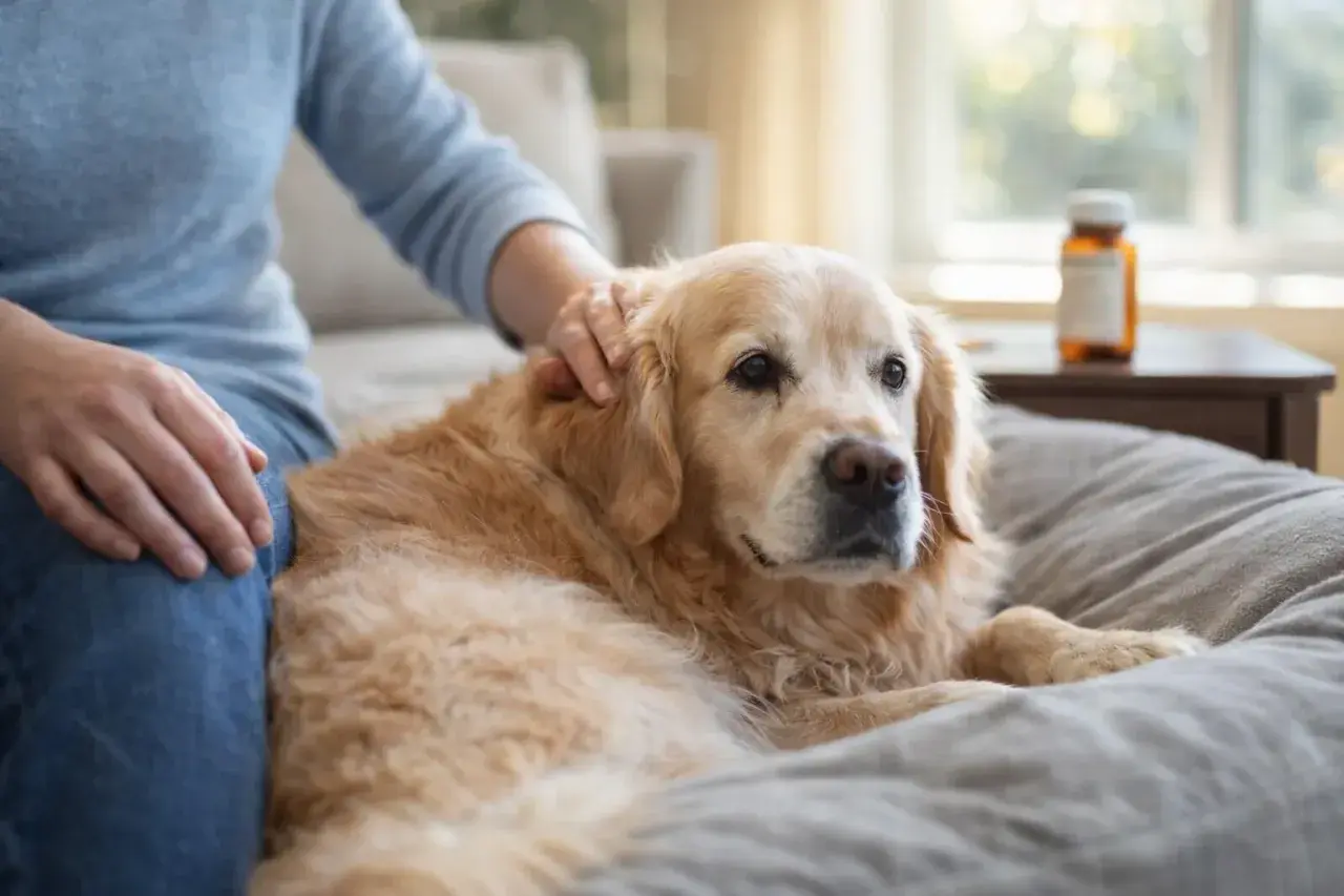Złoty retriever leży na kanapie, głaskany przez właściciela. Obok stoi buteleczka leków, sugerująca rozważania o gabapentyna dla psa skutki uboczne.