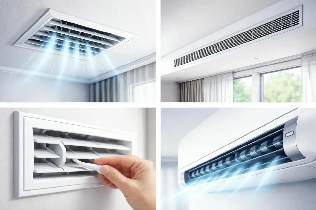 Explora diversos tipos de rejillas para aire acondicionado por conductos: cuadradas en techo, lineales, ajustables y de unidad interior.