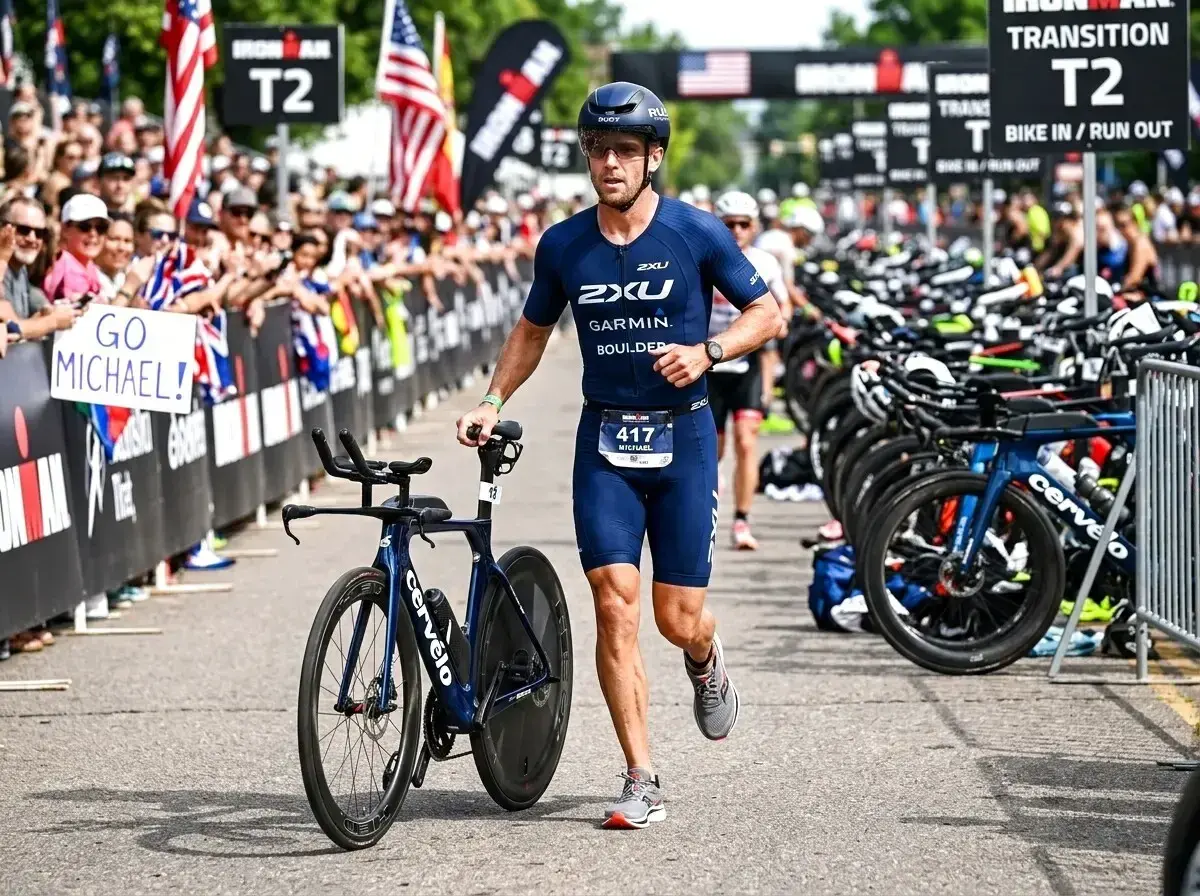 Zawodnik w stroju do triathlonu olimpijskiego biegnie z rowerem obok rzędu rowerów. Tłum kibicuje, trzymając transparent "GO MICHAEL!".