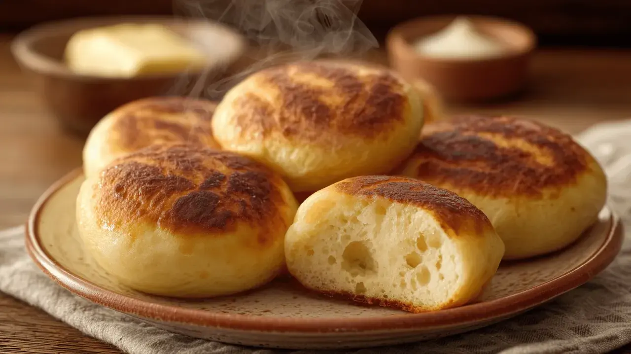 Dampfnudle moelleux et dorés, un délice de la recette traditionnelle. Vapeur s'échappant d'une assiette, avec du beurre et de la crème en arrière-plan.