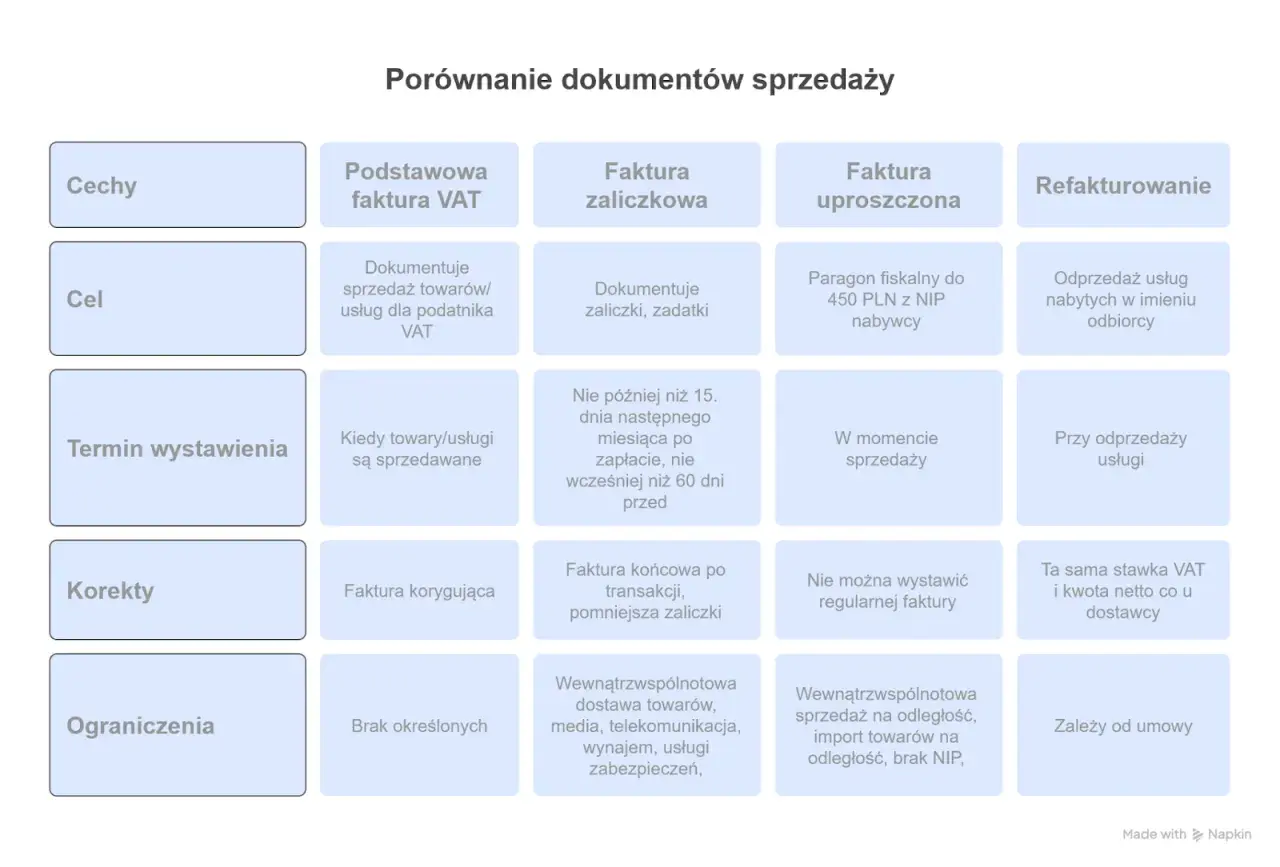 Porównanie dokumentów sprzedaży: czy osoba fizyczna może wystawić fakturę? Tabela wyjaśnia cel, termin wystawienia, korekty i ograniczenia dla faktury VAT, zaliczkowej, uproszczonej i refakturowania.