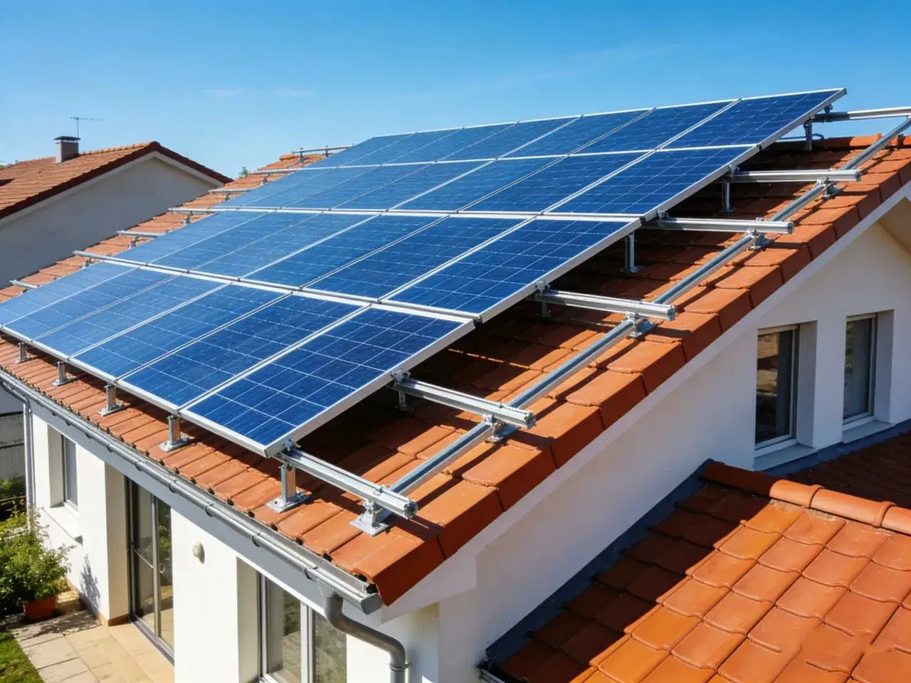 Panele słoneczne na dachu domu, zapewniające energię off grid.