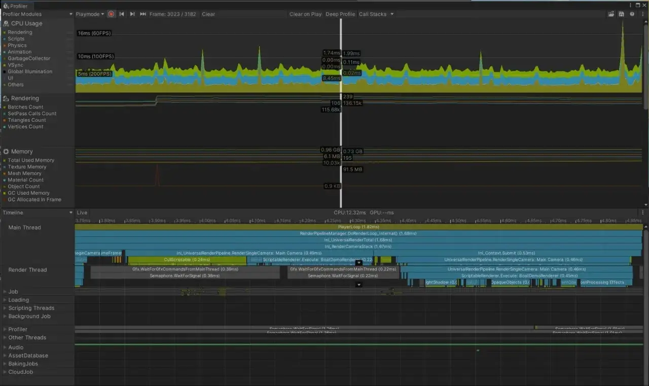 Analyse de performance dans l'application Unity, montrant l'utilisation du CPU et du GPU.