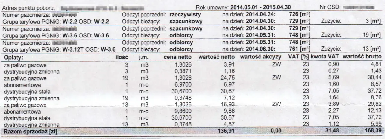 Rachunek za gaz z danymi o zużyciu, taryfach i opłatach. Pokazuje, jak obliczyć zużycie gazu na podstawie odczytów gazomierza.