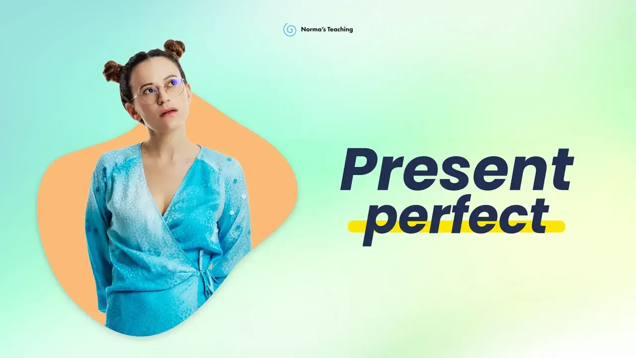 Ragazza pensierosa con i capelli raccolti in due chignon, indossa un abito blu. Testo "Present perfect" in evidenza.