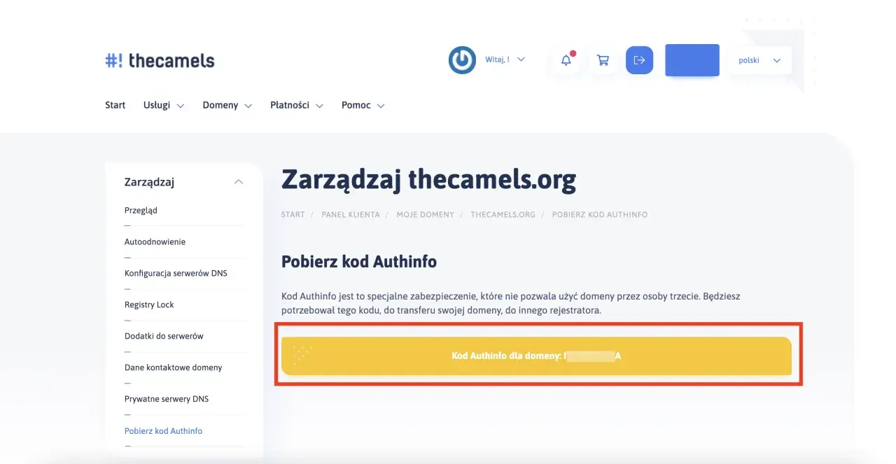 Pobieranie kodu Authinfo dla domeny thecamels.org. Ten kod jest niezbędny do transferu domeny.