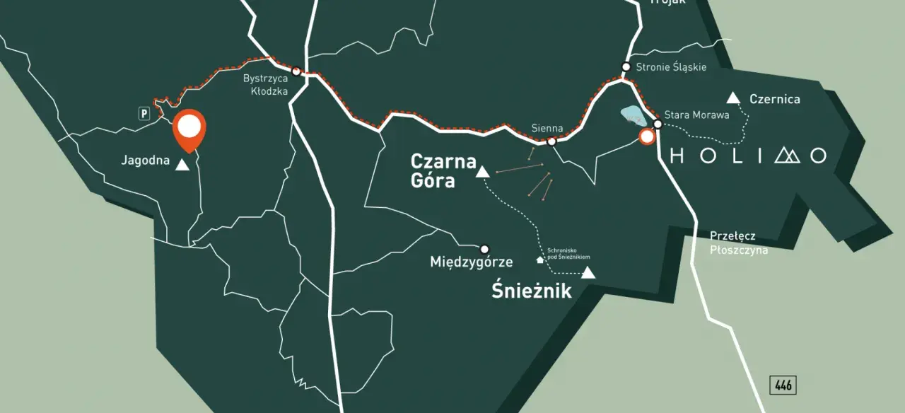 Mapa szlaków turystycznych. Zaznaczona trasa prowadzi przez Bystrzycę Kłodzką, Czarną Górę i Śnieżnik. Punktem docelowym jest Jagodna.