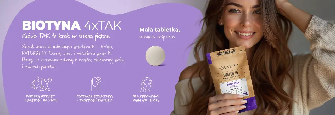 Biotyna 4xTak tabletki wspierają wzrost włosów, elastyczność skóry i mocne paznokcie. Mała tabletka, wielkie wsparcie dla piękna.