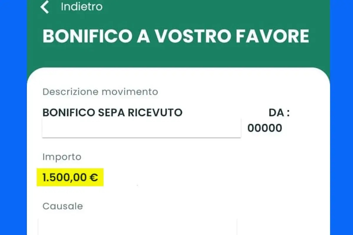 Dettagli di un bonifico SEPA ricevuto di 1.500€. Utile per capire come si scrive correttamente il codice IBAN.