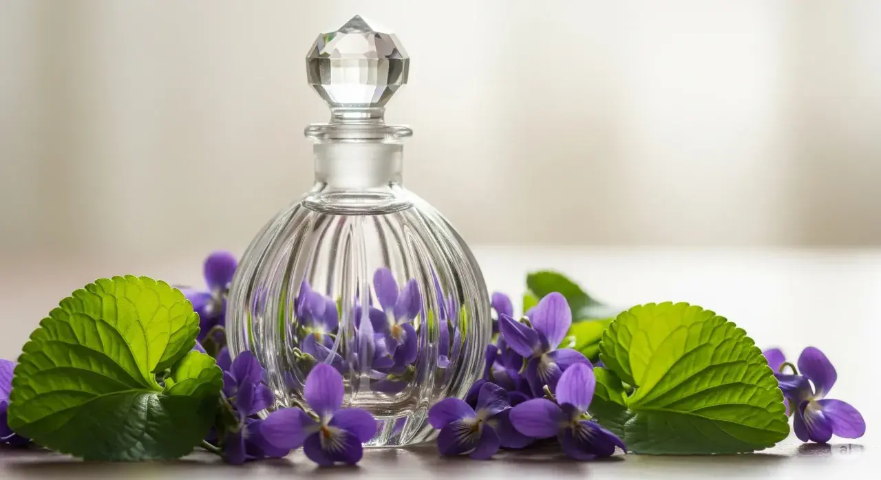 Szklana buteleczka perfum otoczona intensywną fiołką.