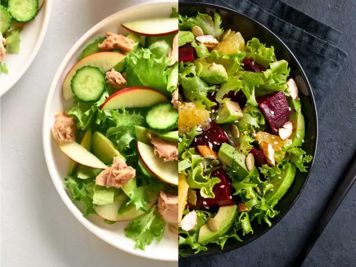 Dos ensaladas vibrantes: una con aguacate, remolacha y naranja, y otra con lechuga, manzana, pepino y atún.