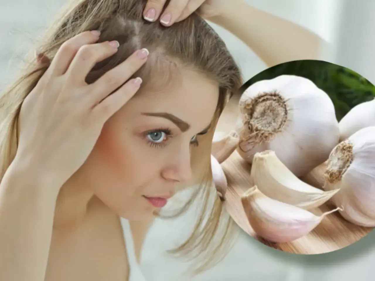 Mujer revisando su cabello, con un primer plano de ajos. Descubre cómo el ajo es bueno para el pelo.
