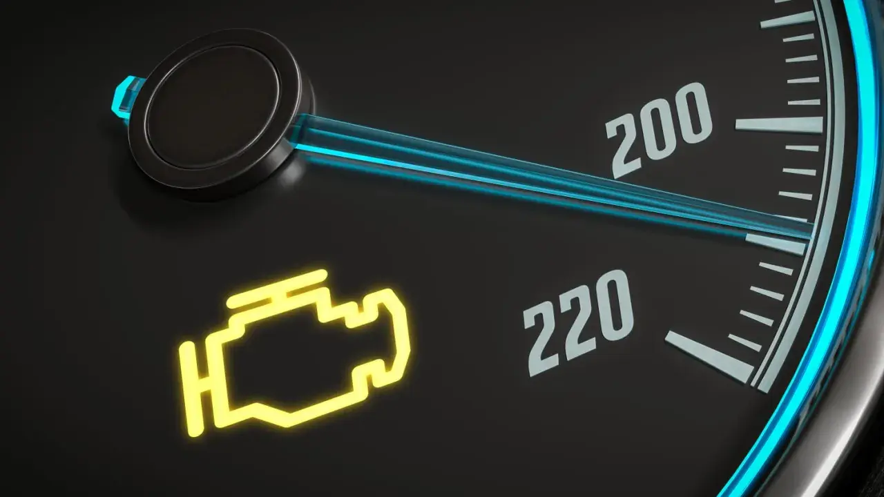 Gelbe Motorleuchte leuchtet auf dem Armaturenbrett. Ein Warnsignal, das auf ein Problem mit dem Motor hinweist.