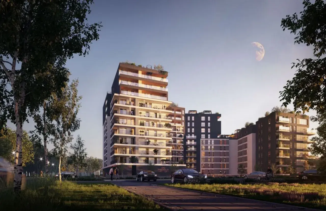 Nowy Czechów: nowoczesne apartamentowce z tarasami i zielenią, z księżycem na niebie.