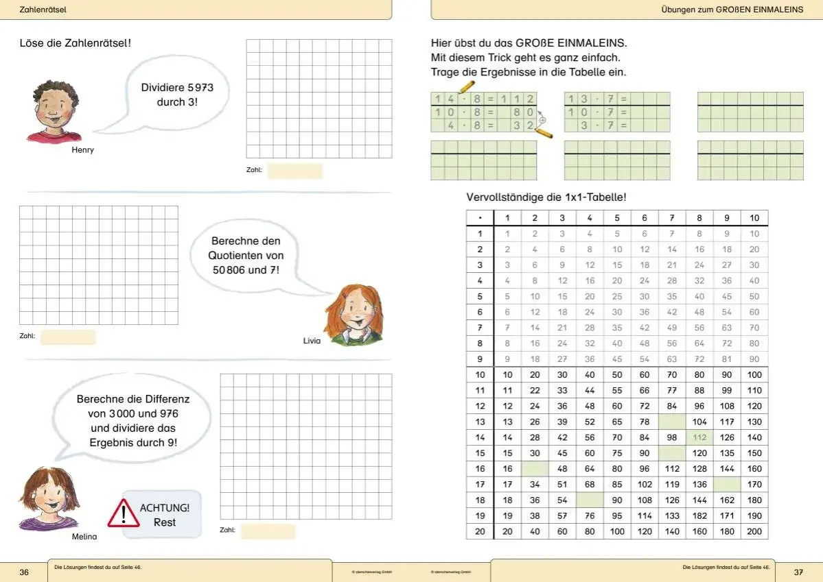 Aufgaben für die 4. Klasse: Division mit Henry, Livia und Melina. Übungen zum Einmaleins und geteilte Aufgaben.