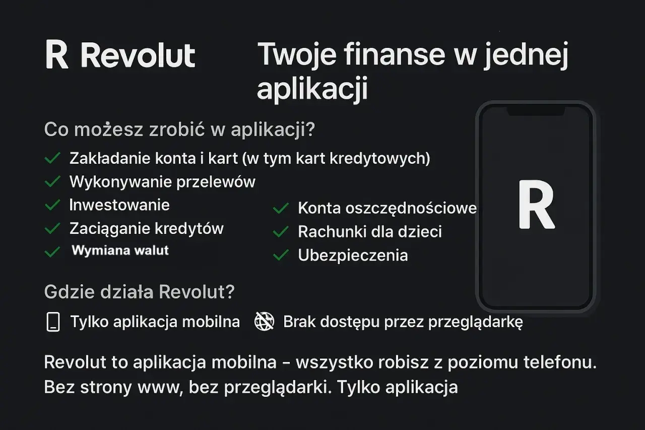 Revolut: Twoje finanse w jednej aplikacji. Załóż konto, inwestuj, wymieniaj waluty. Dostępne tylko przez aplikację mobilną.