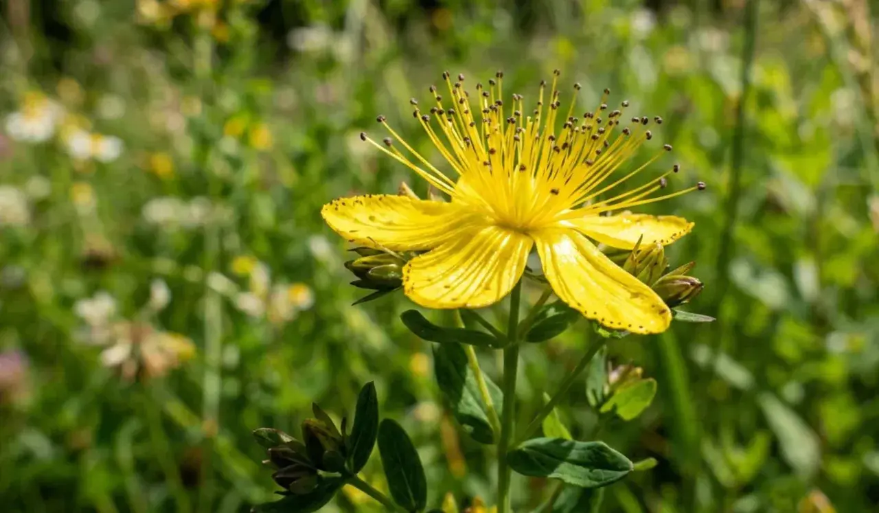 Una vibrante flor de san juan amarilla, con sus pétalos delicados y estambres largos, se alza en un campo verde.