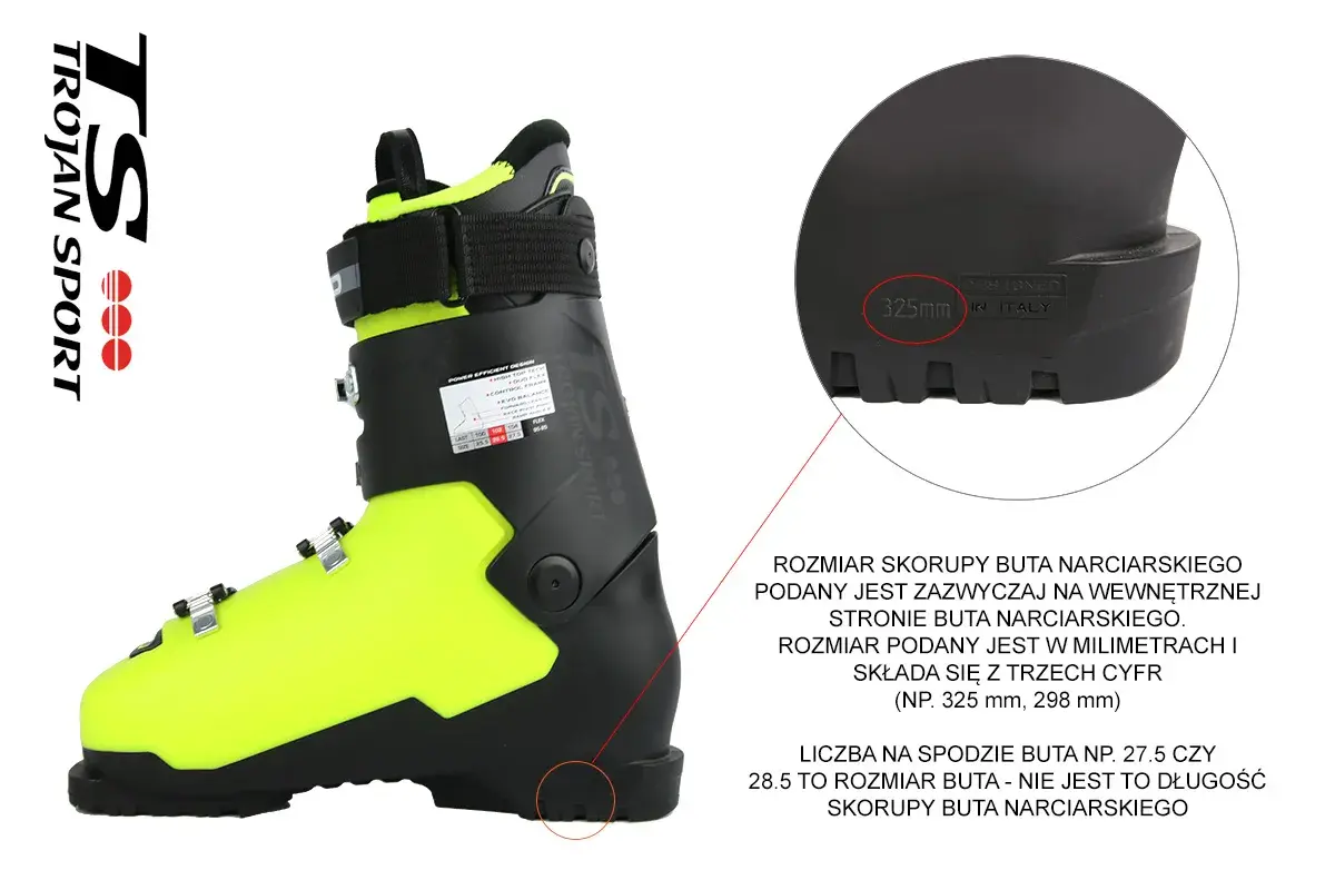 Jak dobrać rozmiar butów narciarskich? Na skorupie buta narciarskiego znajdziesz rozmiar w milimetrach, np. 325 mm.