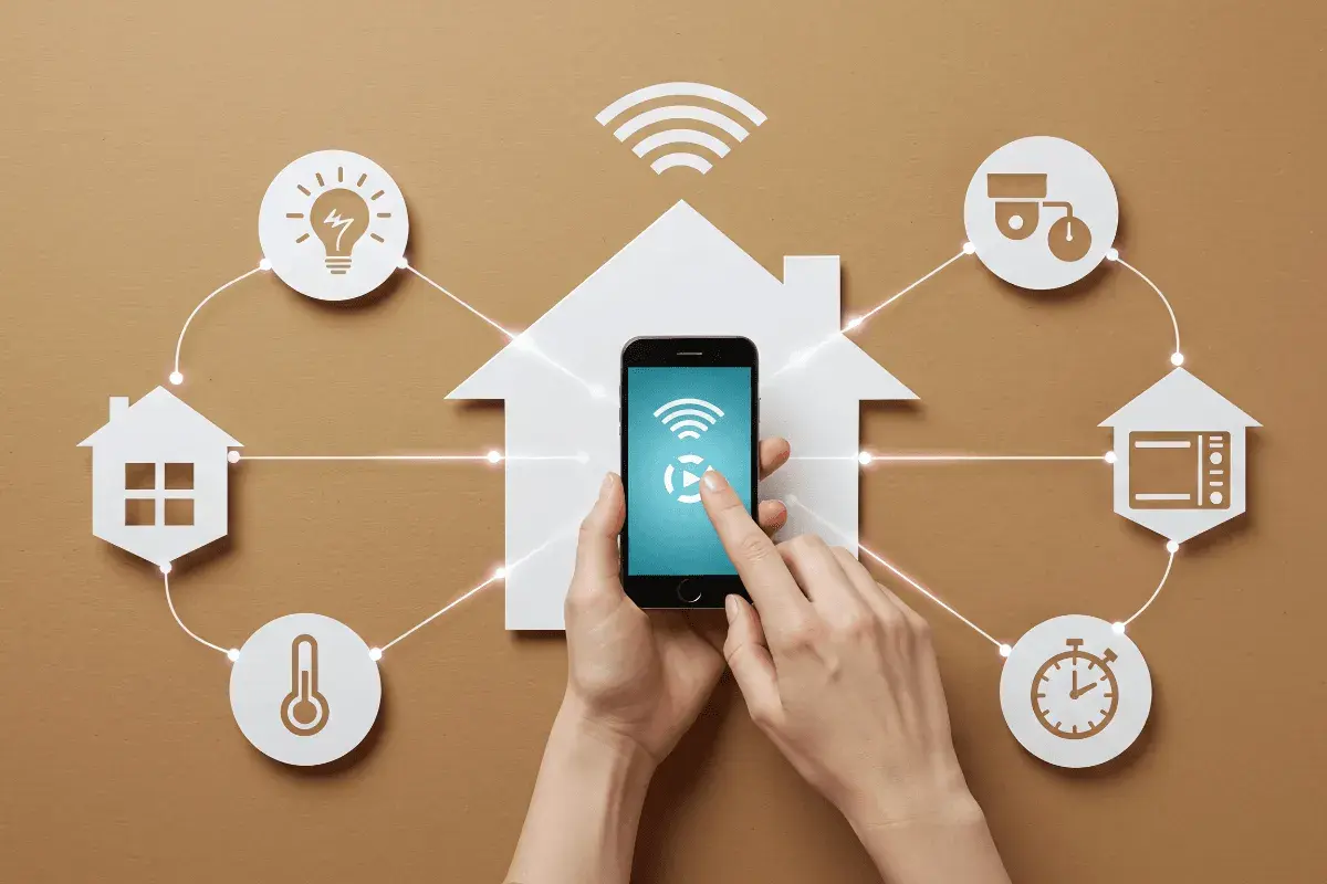 Mano controla un smartphone que gestiona un hogar inteligente. Cada dispositivo, como la luz o el microondas, es un actuador que responde a comandos.