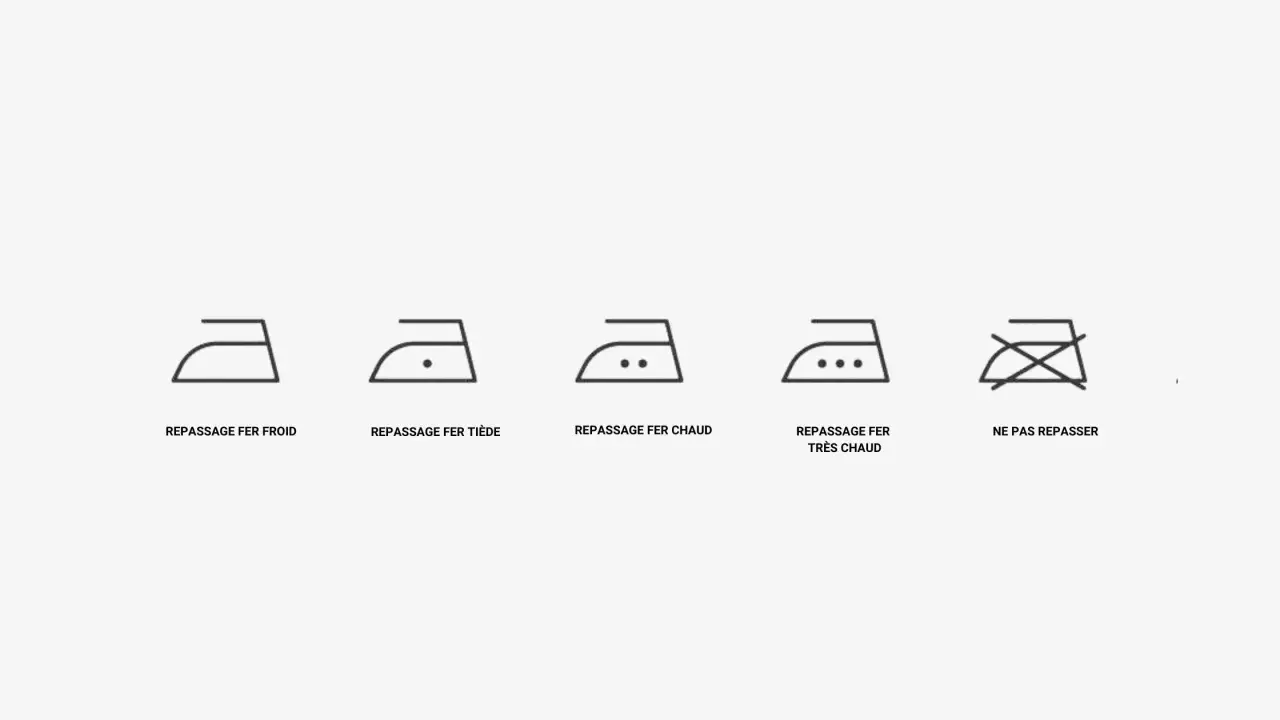 Cinq icônes de logo fer à repasser indiquant différentes températures : froid, tiède, chaud, très chaud, et ne pas repasser.