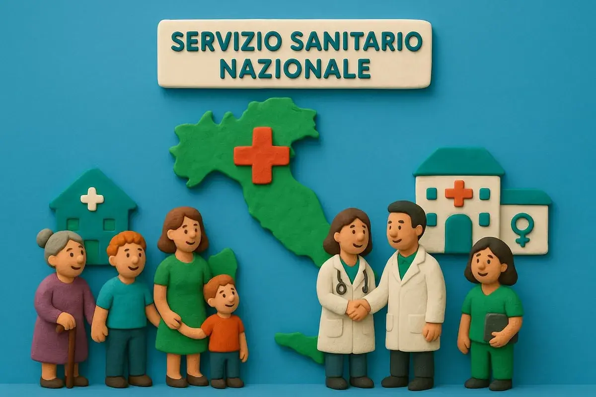 Famiglia e medici si stringono la mano davanti a ospedali e alla mappa d'Italia, simbolo del sistema sanitario nazionale.
