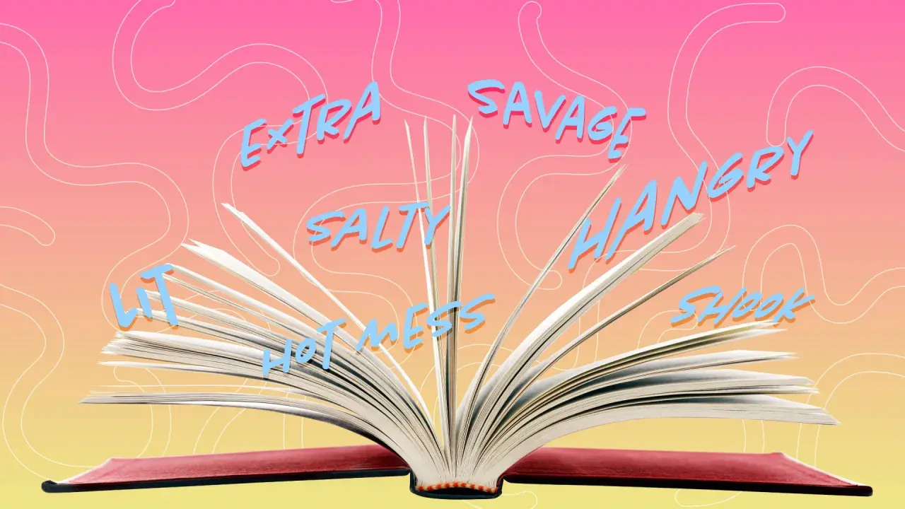 Otwarta książka z wypisanymi na stronach słowami: "Lit", "Salty", "Hot Mess", "Extra", "Savage", "Hangry", "Shook".